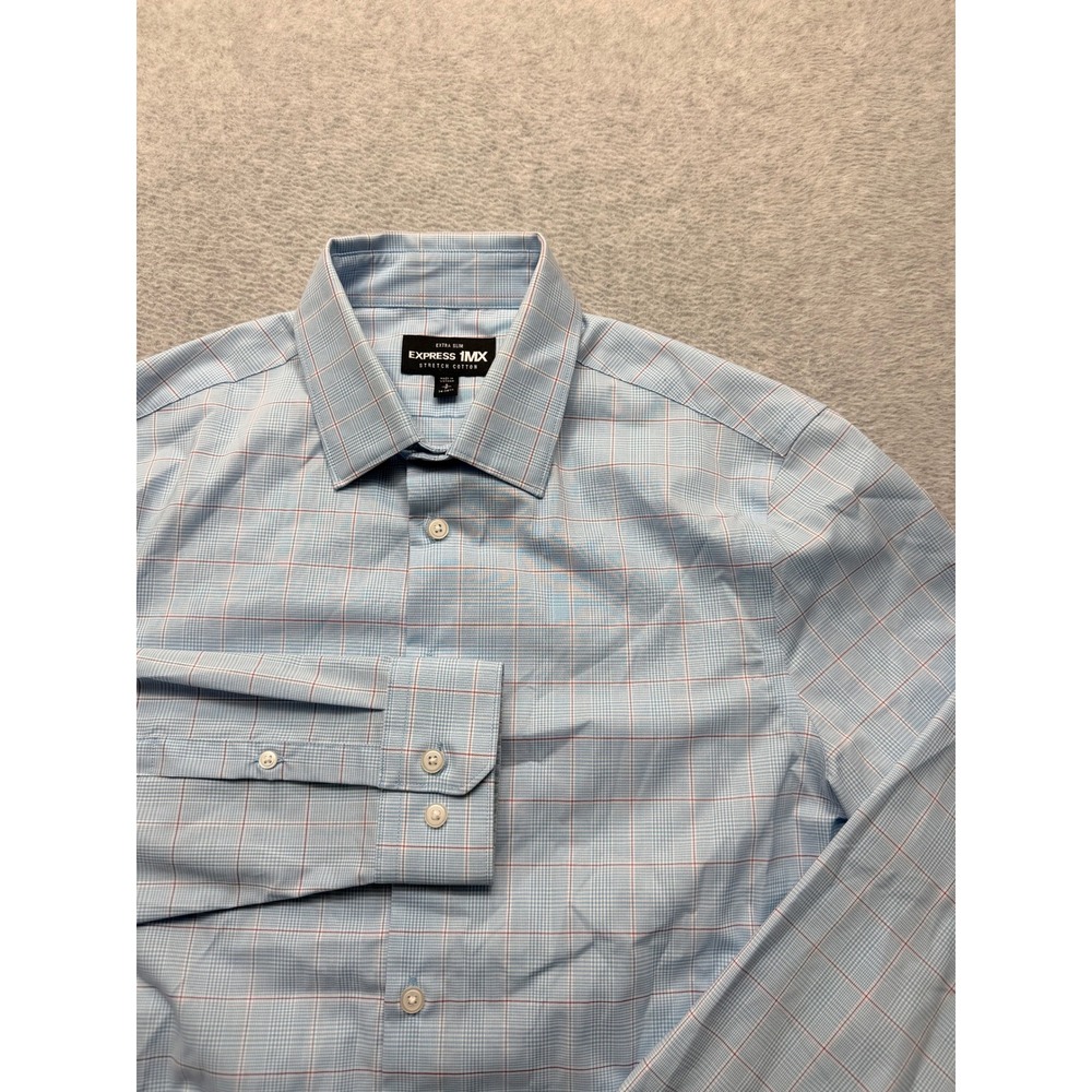 Express 1MX Extra Slim Fit Dress Shirt Mens Small Blue Plaid Stretch Cotton